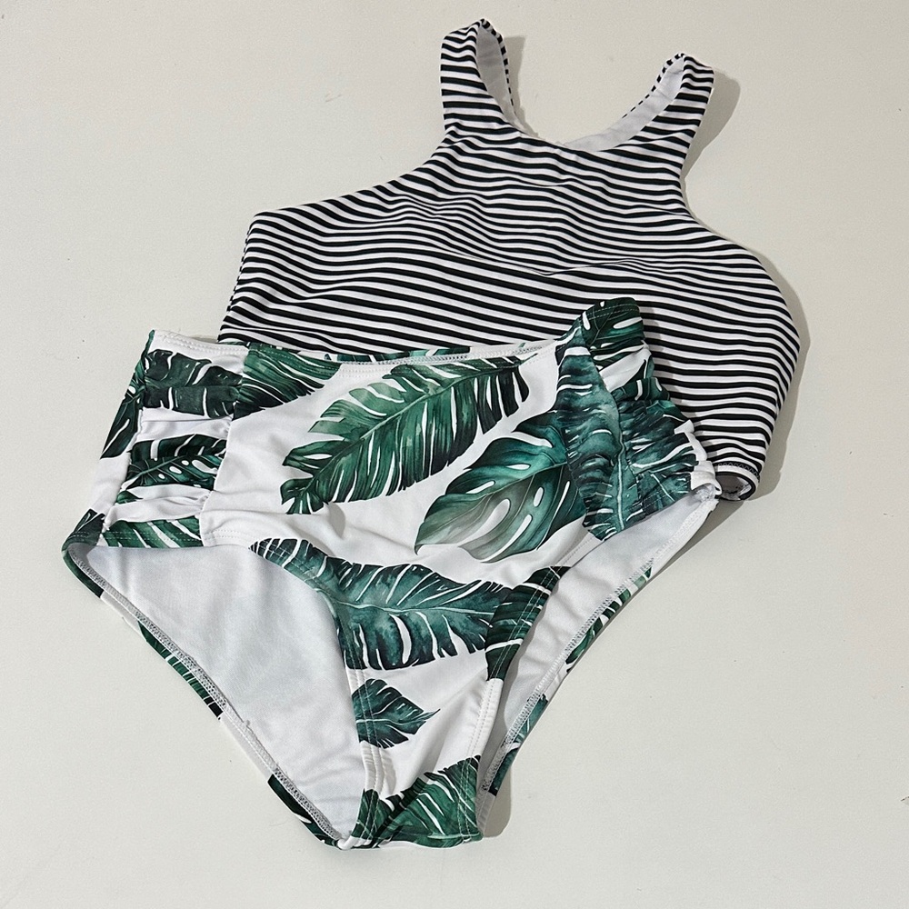 Striped and Leaf Print Women's Swimsuit